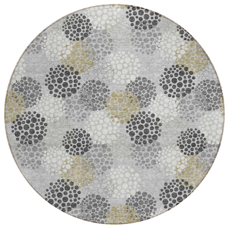 8' Gray Silver And Ivory Round Polka Dot Washable Indoor Outdoor Area Rug