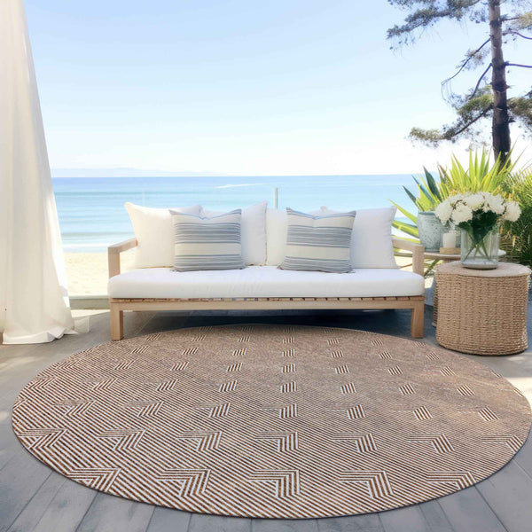 8' Brown And Beige Round Geometric Washable Indoor Outdoor Area Rug