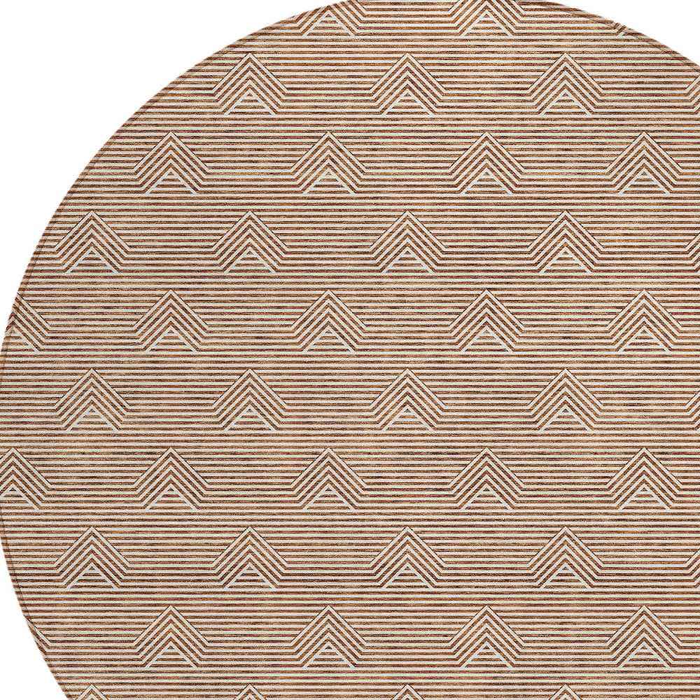 8' Brown And Beige Round Geometric Washable Indoor Outdoor Area Rug