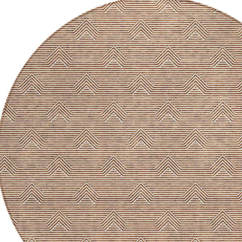 8' Brown And Beige Round Geometric Washable Indoor Outdoor Area Rug