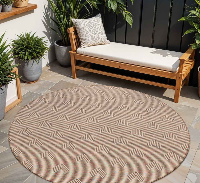 8' Brown And Beige Round Geometric Washable Indoor Outdoor Area Rug