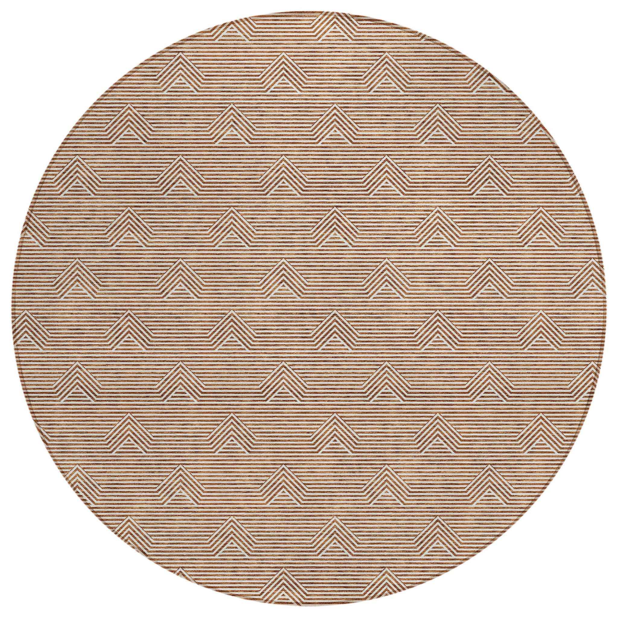 8' Brown And Beige Round Geometric Washable Indoor Outdoor Area Rug