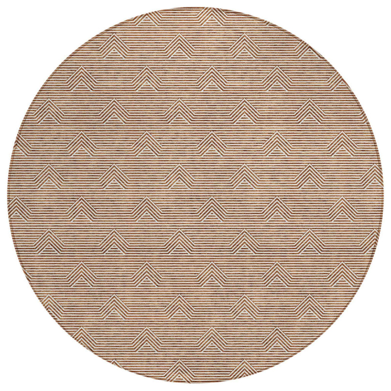 8' Brown And Beige Round Geometric Washable Indoor Outdoor Area Rug