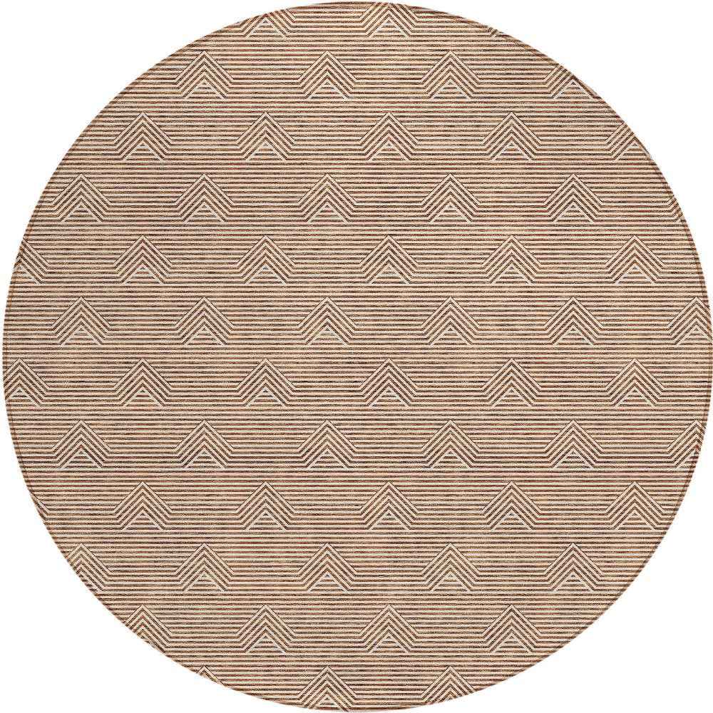 8' Brown And Beige Round Geometric Washable Indoor Outdoor Area Rug