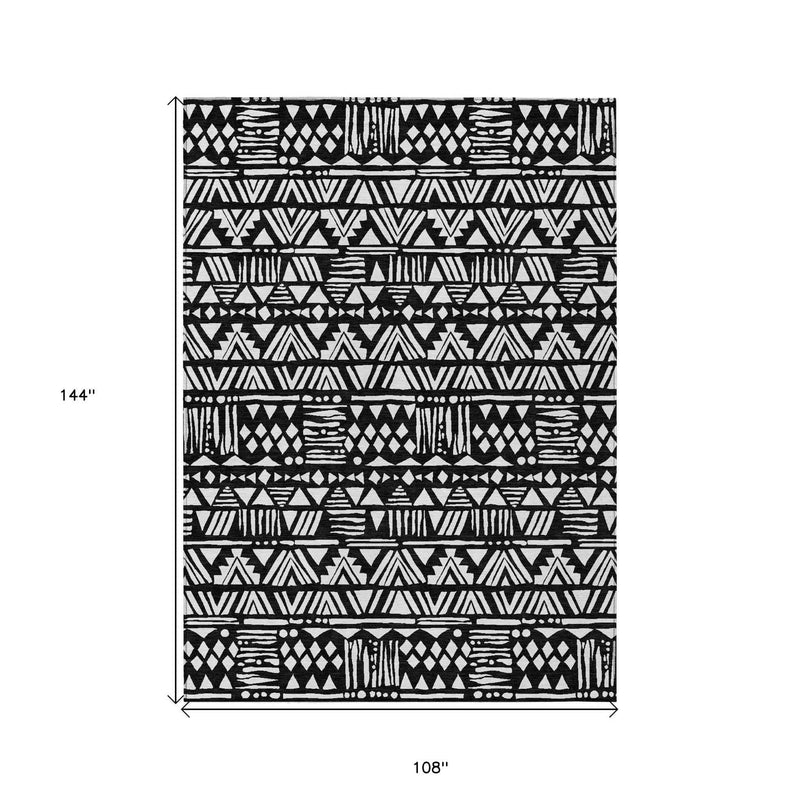 9' X 12' Black And Ivory Southwestern Washable Indoor Outdoor Area Rug