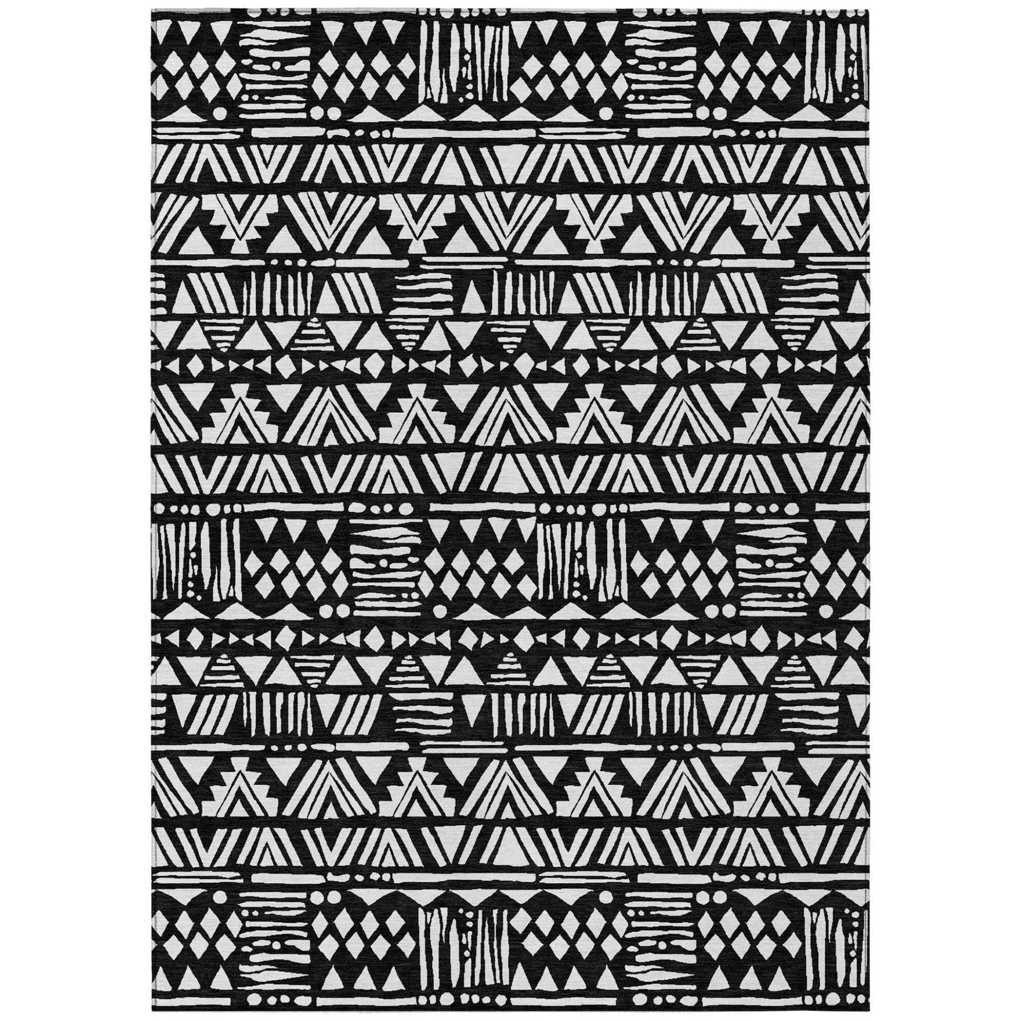 9' X 12' Black And Ivory Southwestern Washable Indoor Outdoor Area Rug
