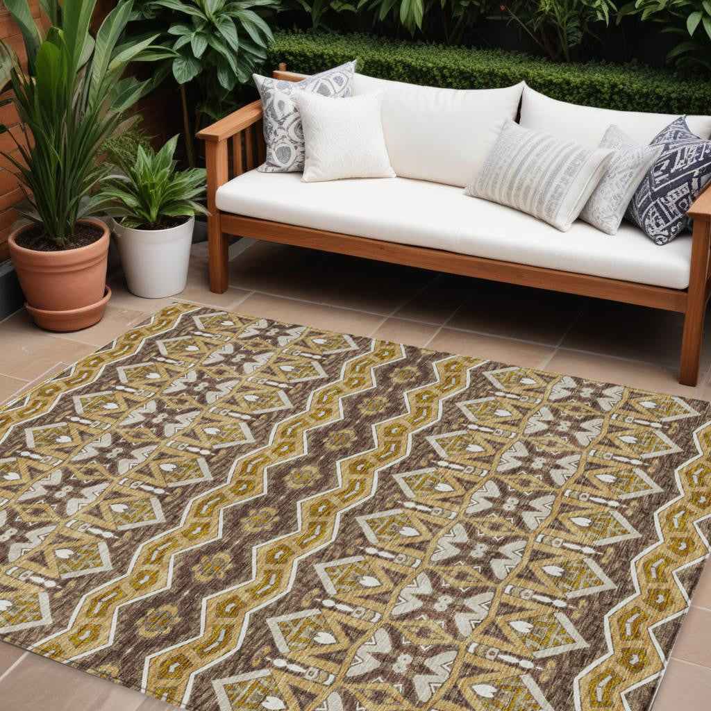 10' X 14' Gold Brown And Beige Moroccan Washable Indoor Outdoor Area Rug