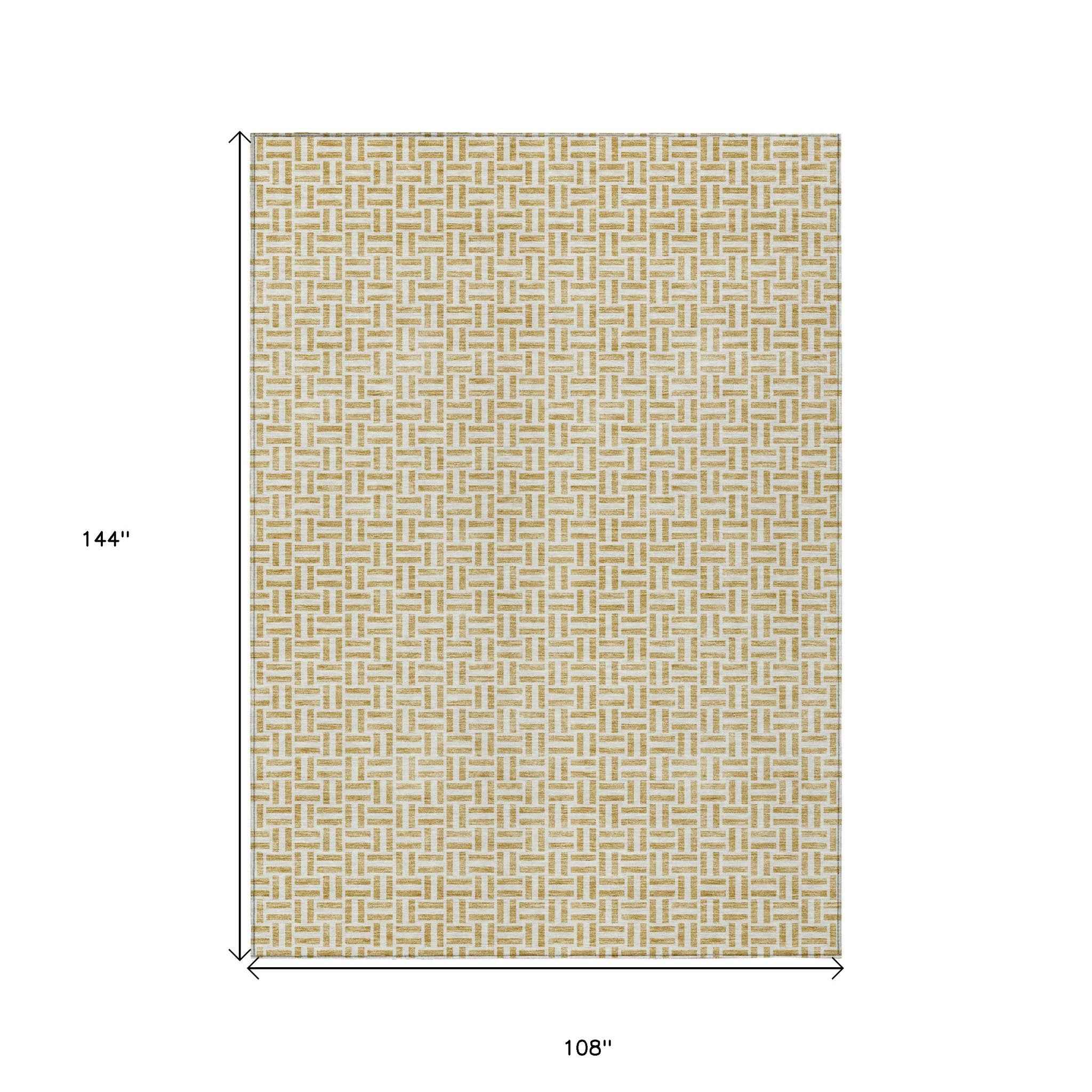 9' X 12' Gold And Ivory Geometric Washable Indoor Outdoor Area Rug