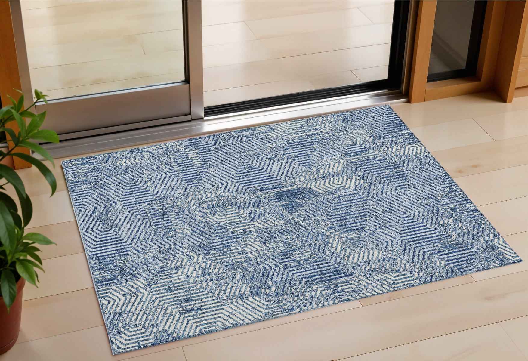3' X 5' Navy Blue And Ivory Geometric Washable Indoor Outdoor Area Rug