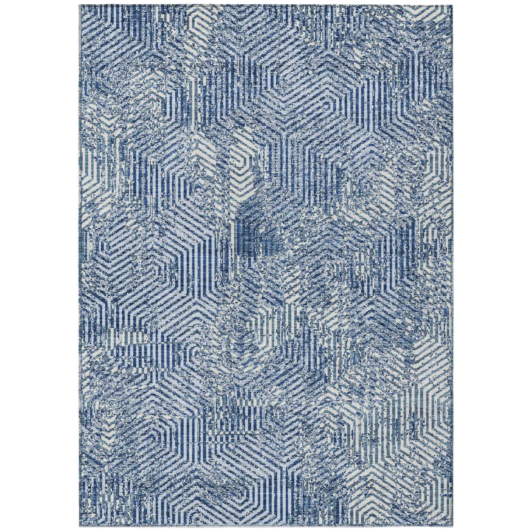 3' X 5' Navy Blue And Ivory Geometric Washable Indoor Outdoor Area Rug