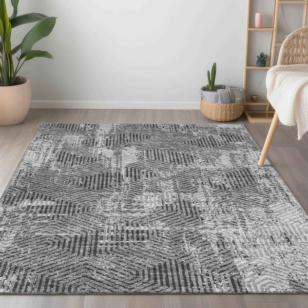 9' X 12' Gray And Charcoal Geometric Washable Indoor Outdoor Area Rug