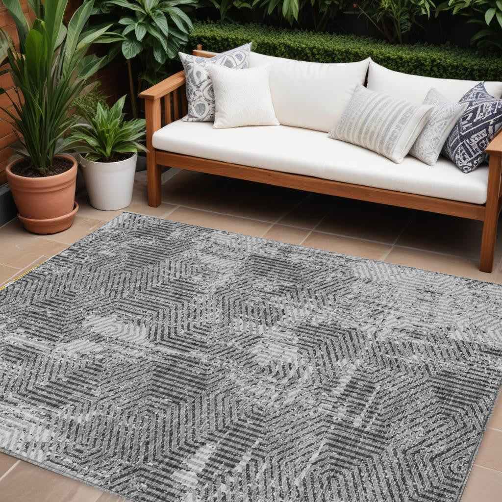 9' X 12' Gray And Charcoal Geometric Washable Indoor Outdoor Area Rug
