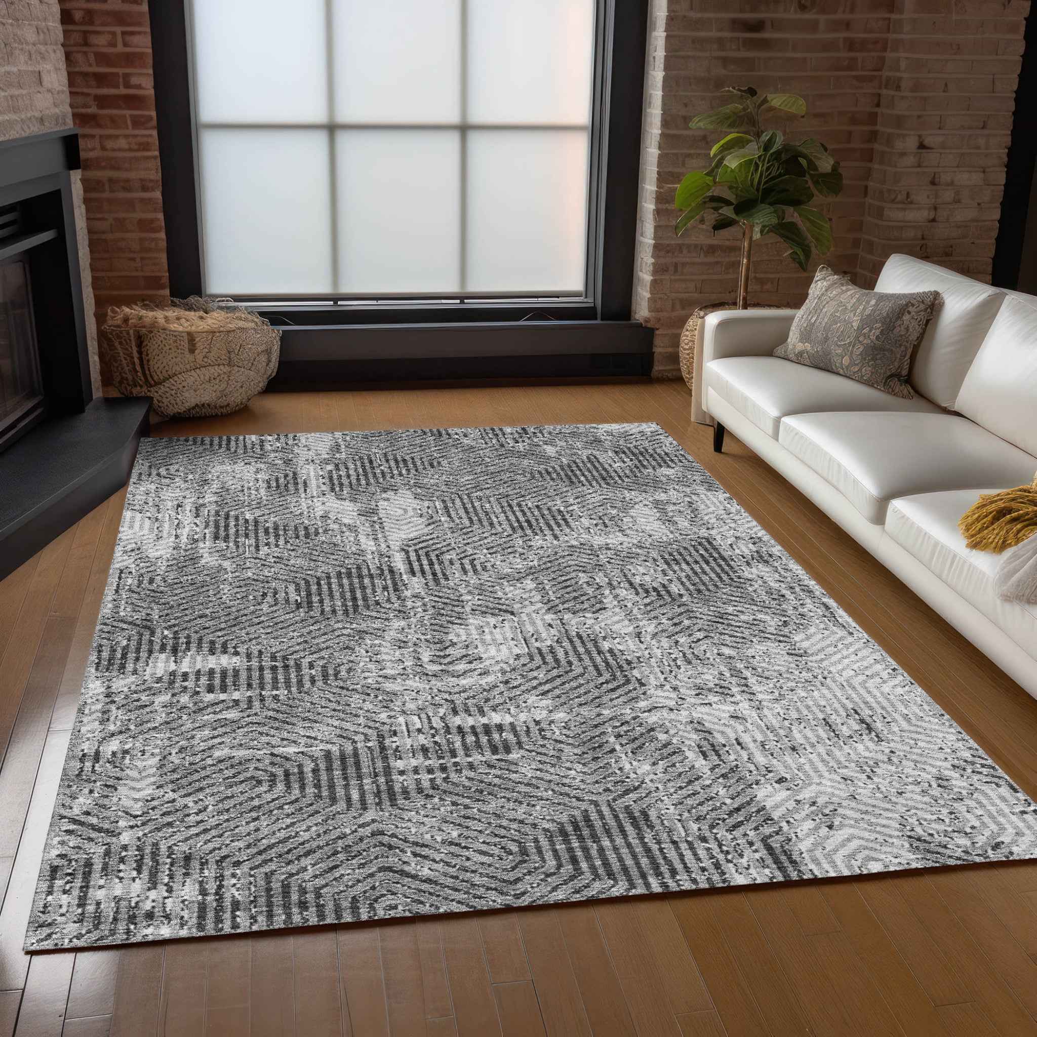 9' X 12' Gray And Charcoal Geometric Washable Indoor Outdoor Area Rug