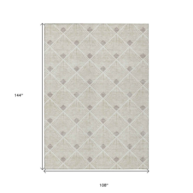 9' X 12' Beige And Ivory Geometric Washable Indoor Outdoor Area Rug