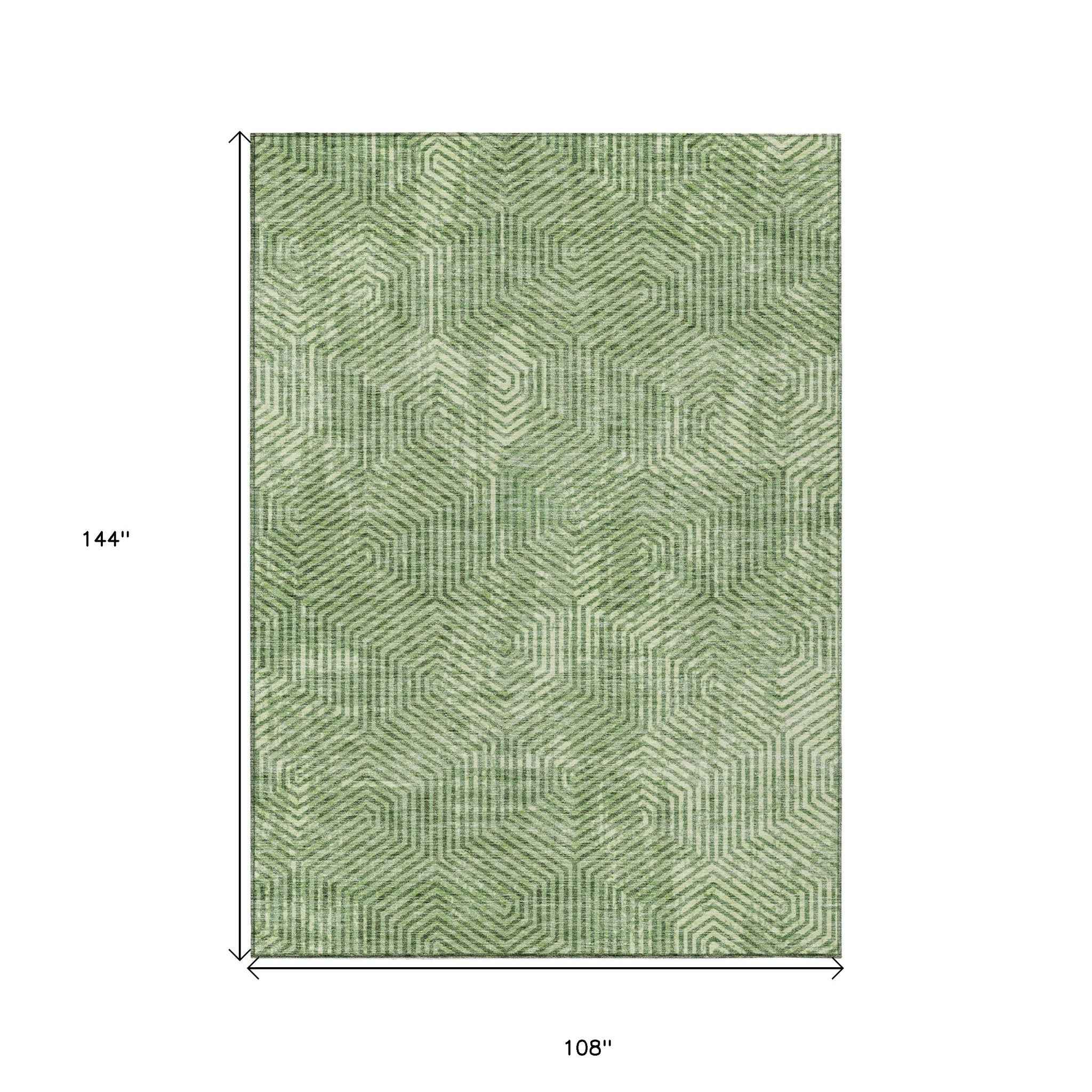 9' X 12' Green And Light Green Geometric Washable Indoor Outdoor Area Rug