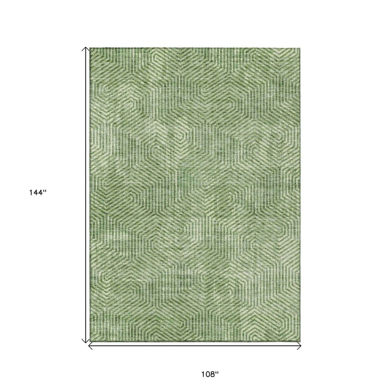 9' X 12' Green And Light Green Geometric Washable Indoor Outdoor Area Rug