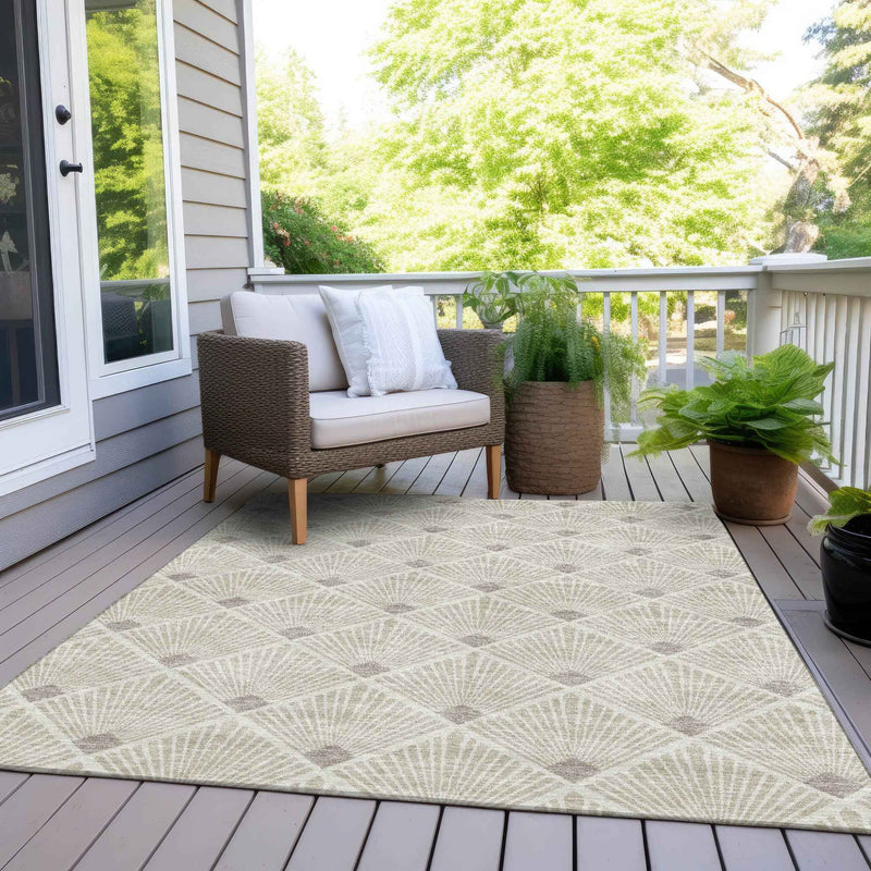 9' X 12' Beige And Ivory Geometric Washable Indoor Outdoor Area Rug