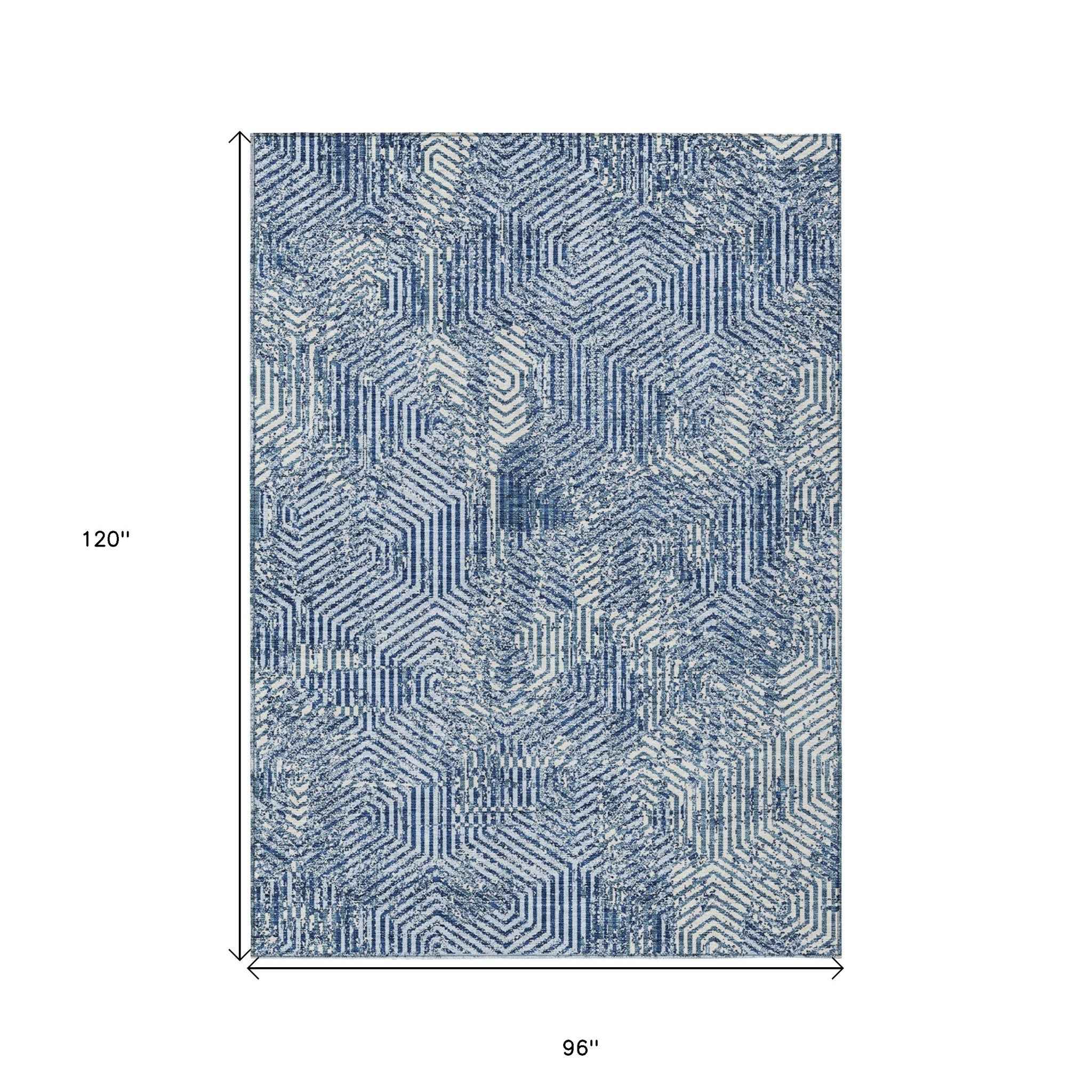 8' X 10' Navy Blue And Ivory Geometric Washable Indoor Outdoor Area Rug