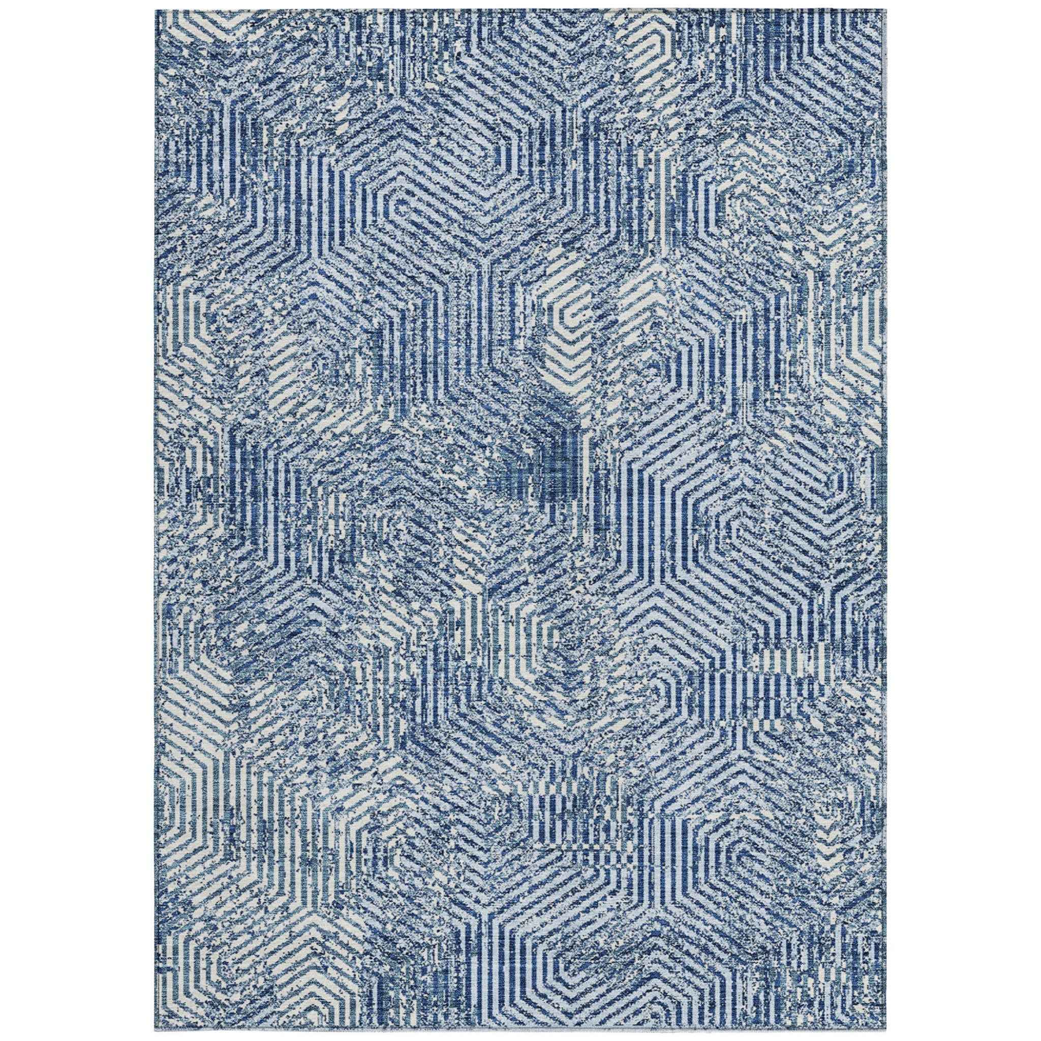 8' X 10' Navy Blue And Ivory Geometric Washable Indoor Outdoor Area Rug