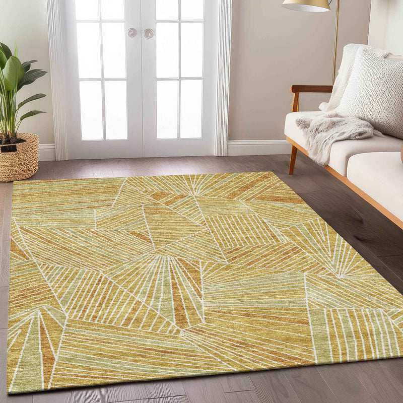 9' X 12' Gold Copper And Brown Geometric Washable Indoor Outdoor Area Rug