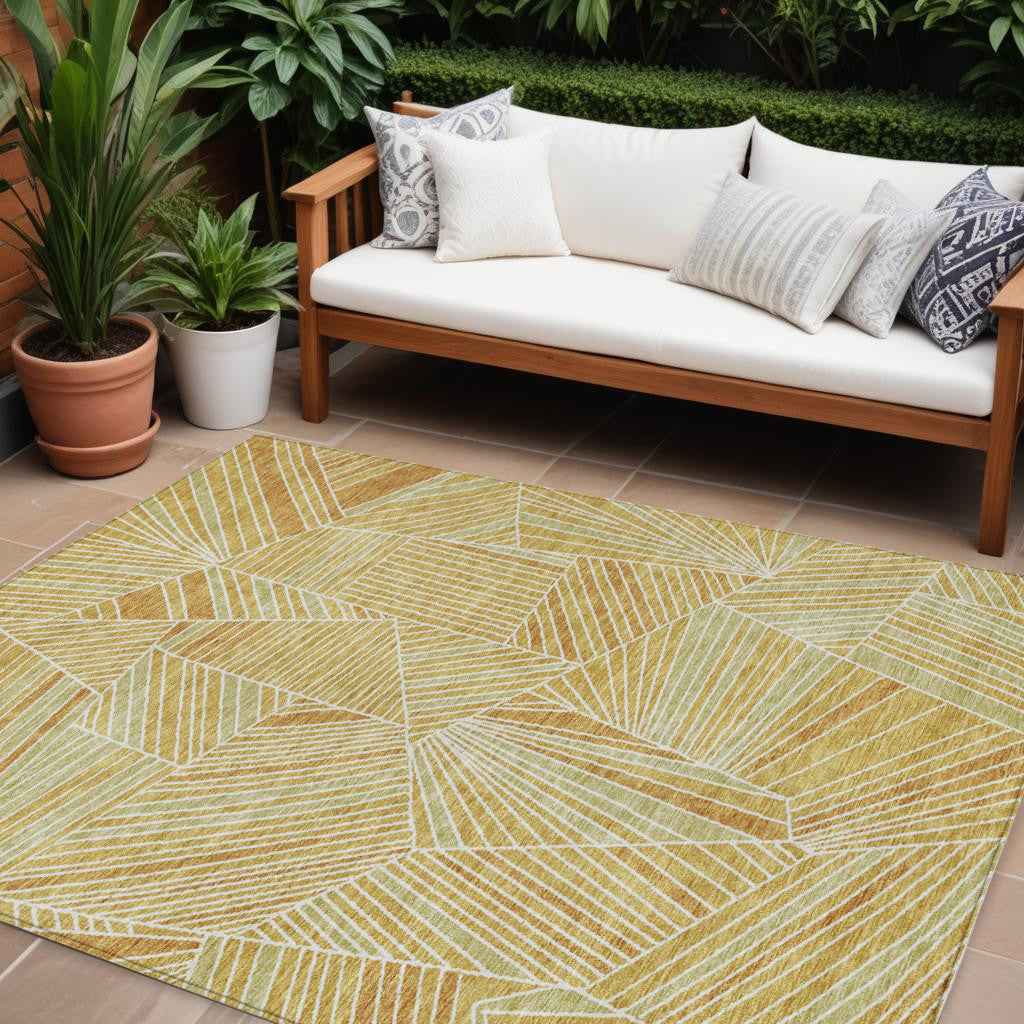 9' X 12' Gold Copper And Brown Geometric Washable Indoor Outdoor Area Rug
