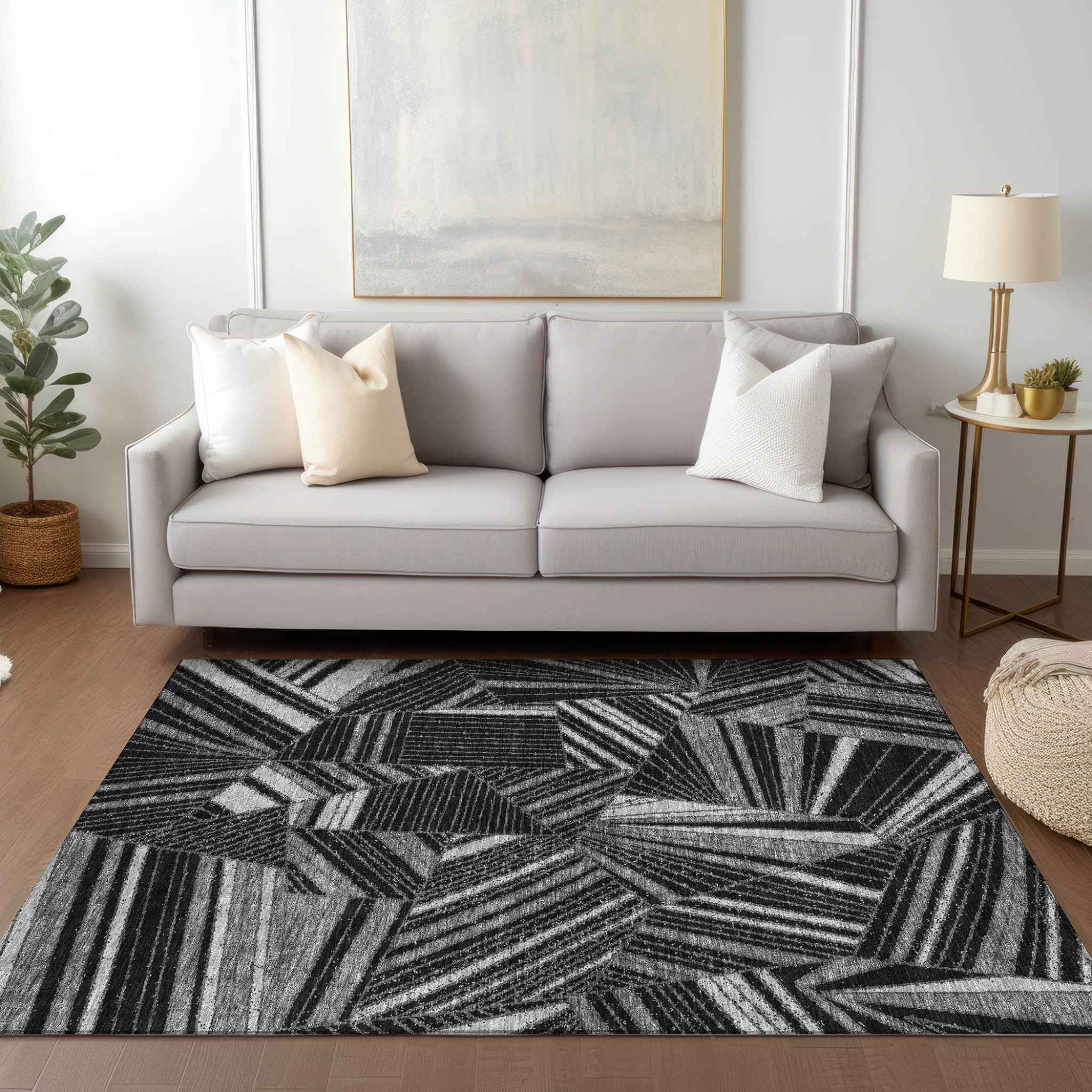 10' X 14' Black And Gray Geometric Washable Indoor Outdoor Area Rug
