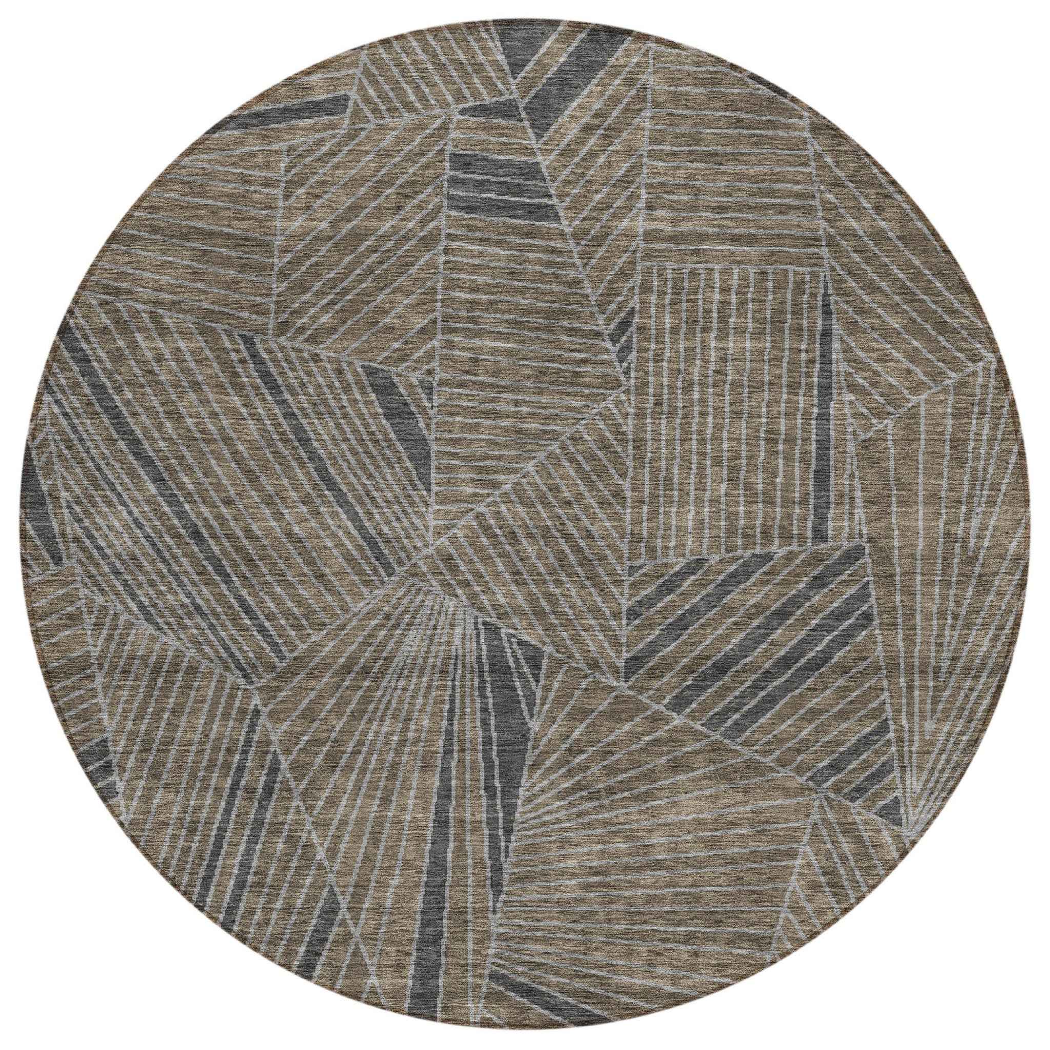 8' Brown Black And Gray Round Geometric Washable Indoor Outdoor Area Rug