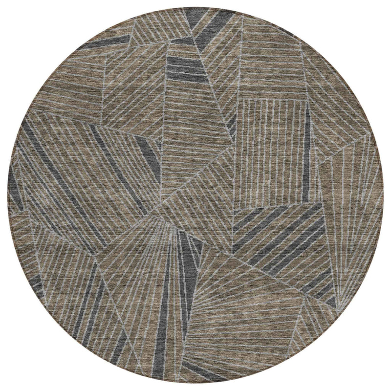 8' Brown Black And Gray Round Geometric Washable Indoor Outdoor Area Rug