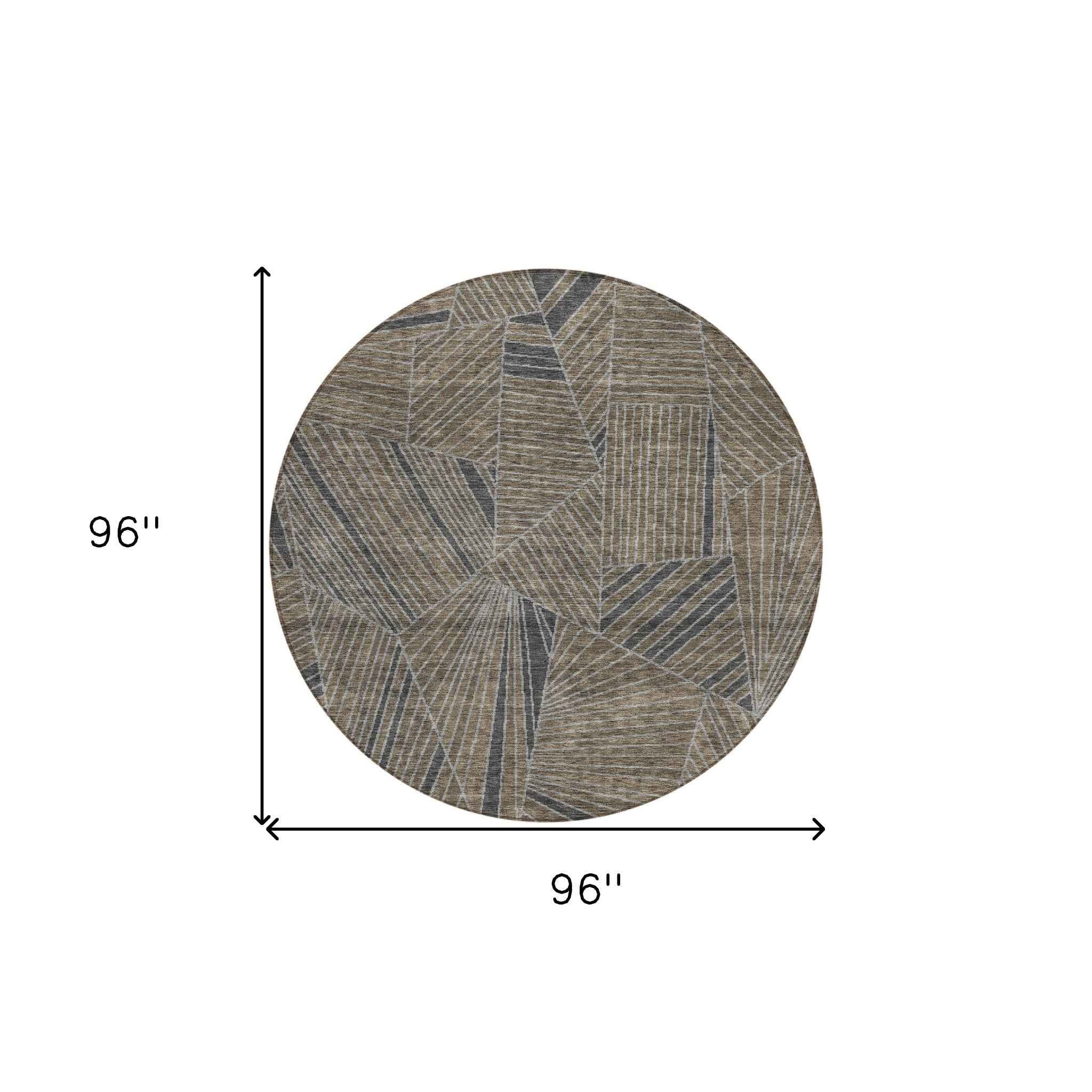 8' Brown Black And Gray Round Geometric Washable Indoor Outdoor Area Rug