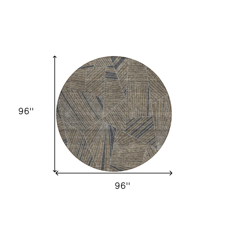 8' Brown Black And Gray Round Geometric Washable Indoor Outdoor Area Rug