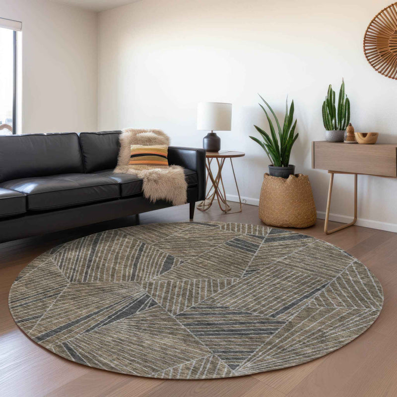 8' Brown Black And Gray Round Geometric Washable Indoor Outdoor Area Rug