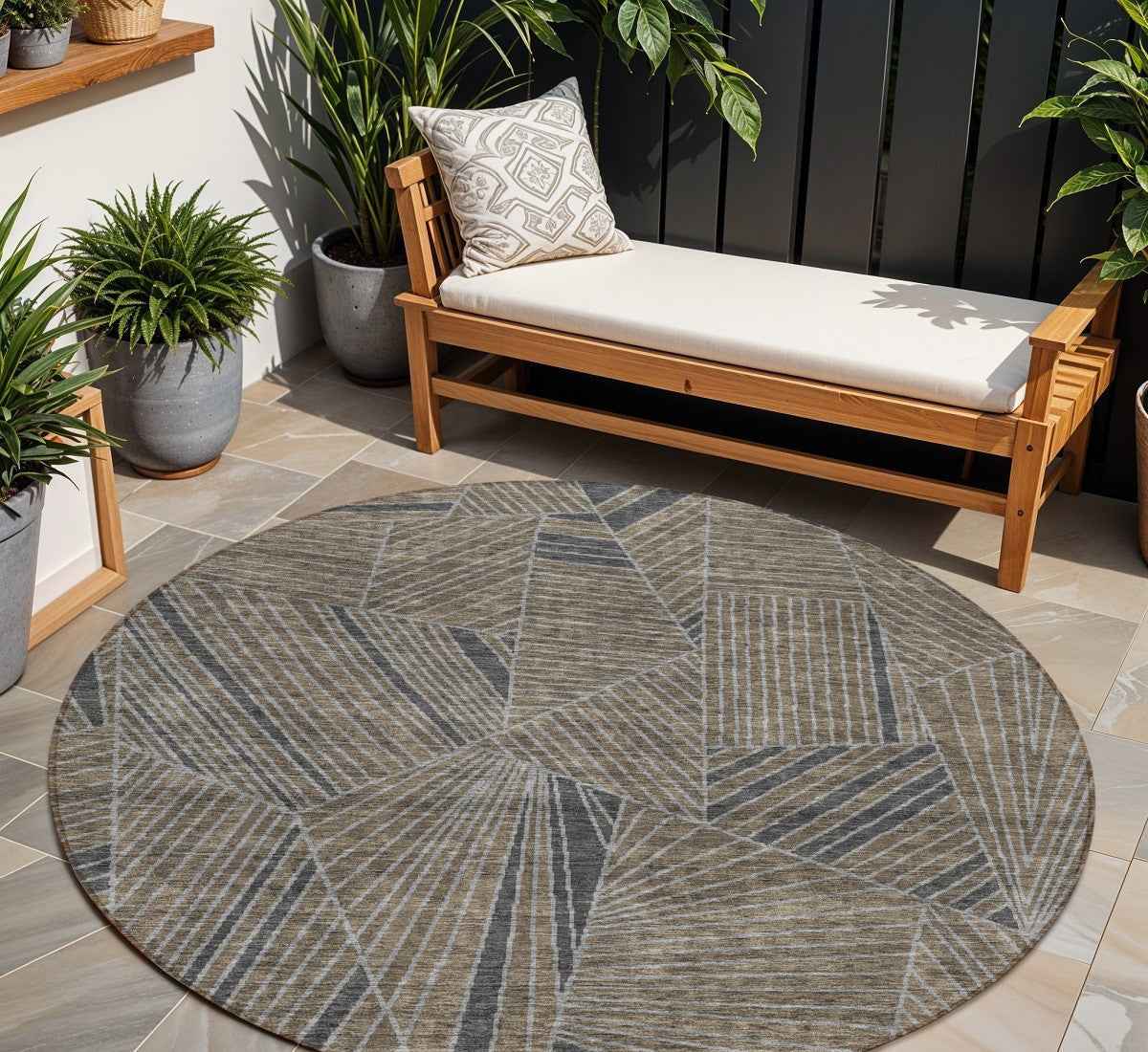 8' Brown Black And Gray Round Geometric Washable Indoor Outdoor Area Rug