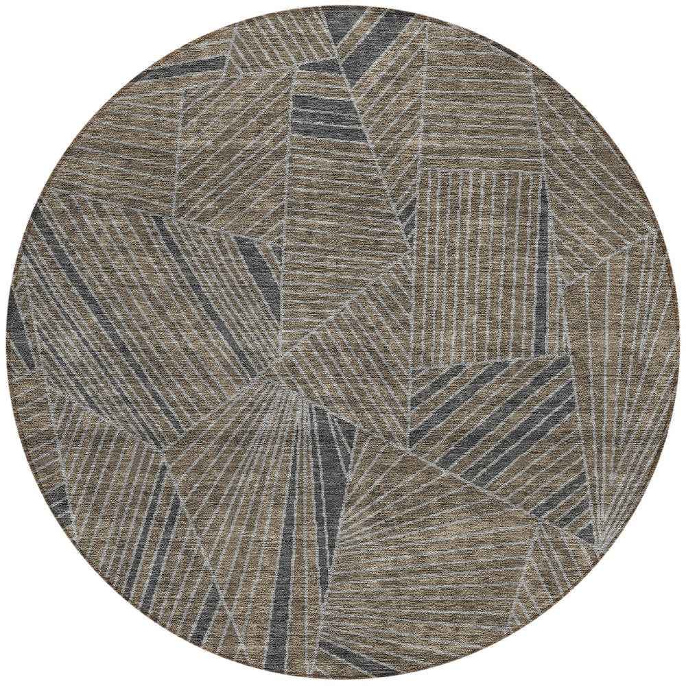 8' Brown Black And Gray Round Geometric Washable Indoor Outdoor Area Rug
