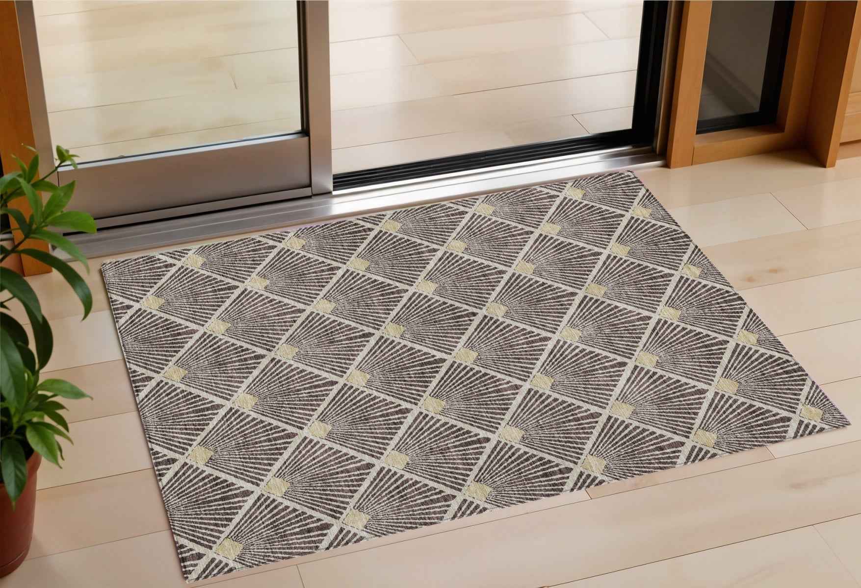3' X 5' Brown And Beige Geometric Washable Indoor Outdoor Area Rug