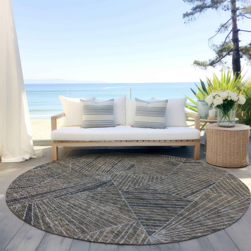 8' Brown Black And Gray Round Geometric Washable Indoor Outdoor Area Rug