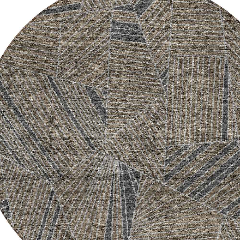 8' Brown Black And Gray Round Geometric Washable Indoor Outdoor Area Rug