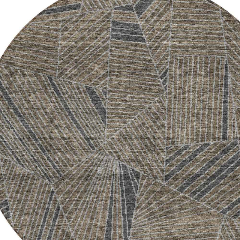 8' Brown Black And Gray Round Geometric Washable Indoor Outdoor Area Rug