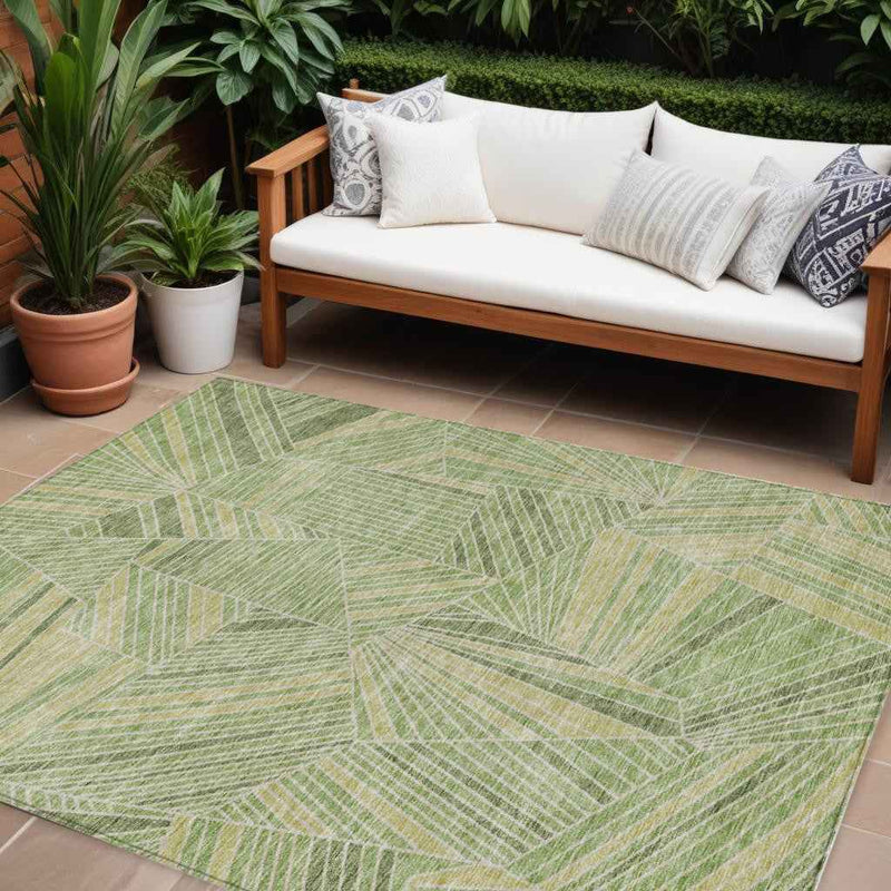 8' X 10' Green And Olive Green Geometric Washable Indoor Outdoor Area Rug