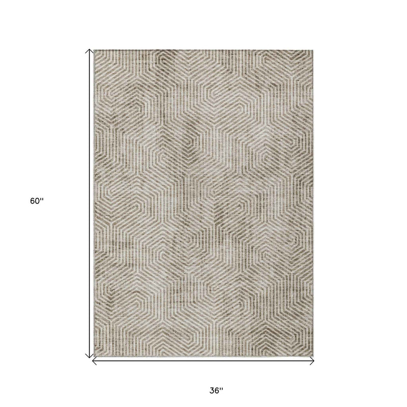 3' X 5' Taupe And Beige Geometric Washable Indoor Outdoor Area Rug