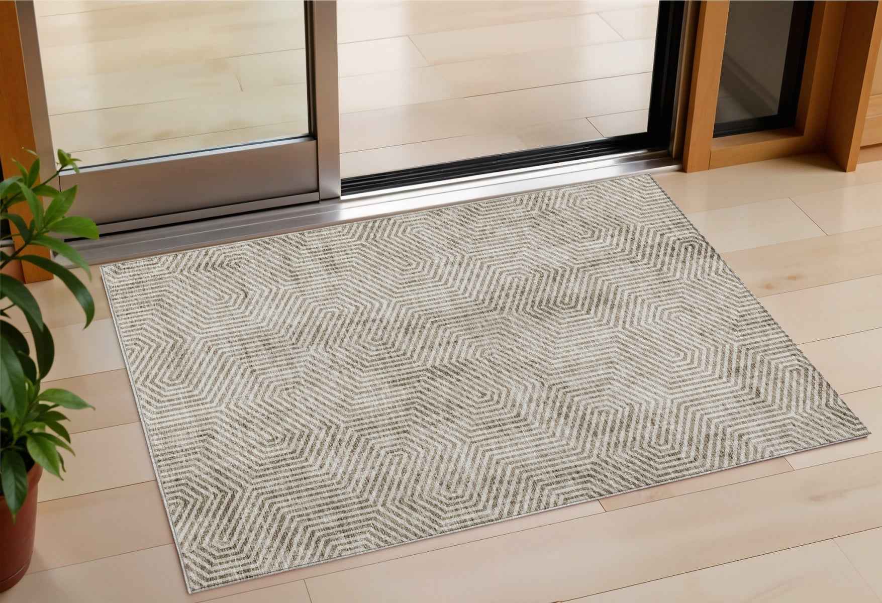 3' X 5' Taupe And Beige Geometric Washable Indoor Outdoor Area Rug