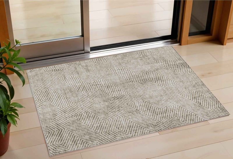 3' X 5' Taupe And Beige Geometric Washable Indoor Outdoor Area Rug