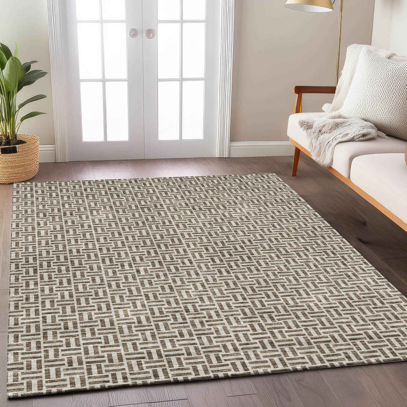 3' X 5' Brown And Beige Geometric Washable Indoor Outdoor Area Rug