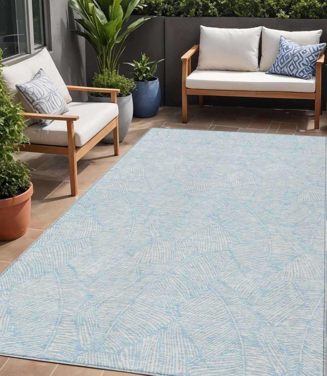 5' X 8' Sky Blue And Ivory Floral Washable Indoor Outdoor Area Rug