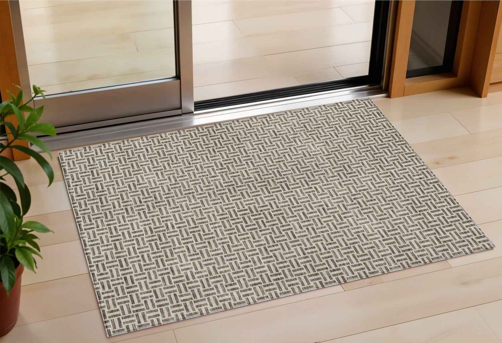 3' X 5' Brown And Beige Geometric Washable Indoor Outdoor Area Rug