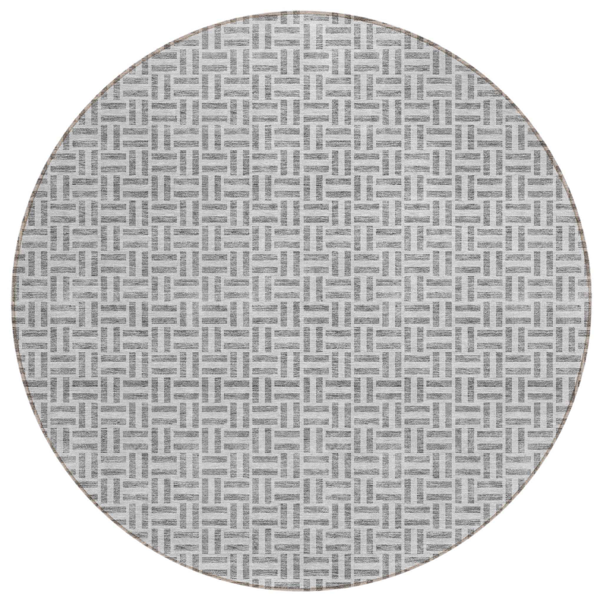 8' Gray And Silver Round Geometric Washable Indoor Outdoor Area Rug