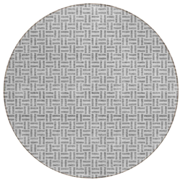 8' Gray And Silver Round Geometric Washable Indoor Outdoor Area Rug