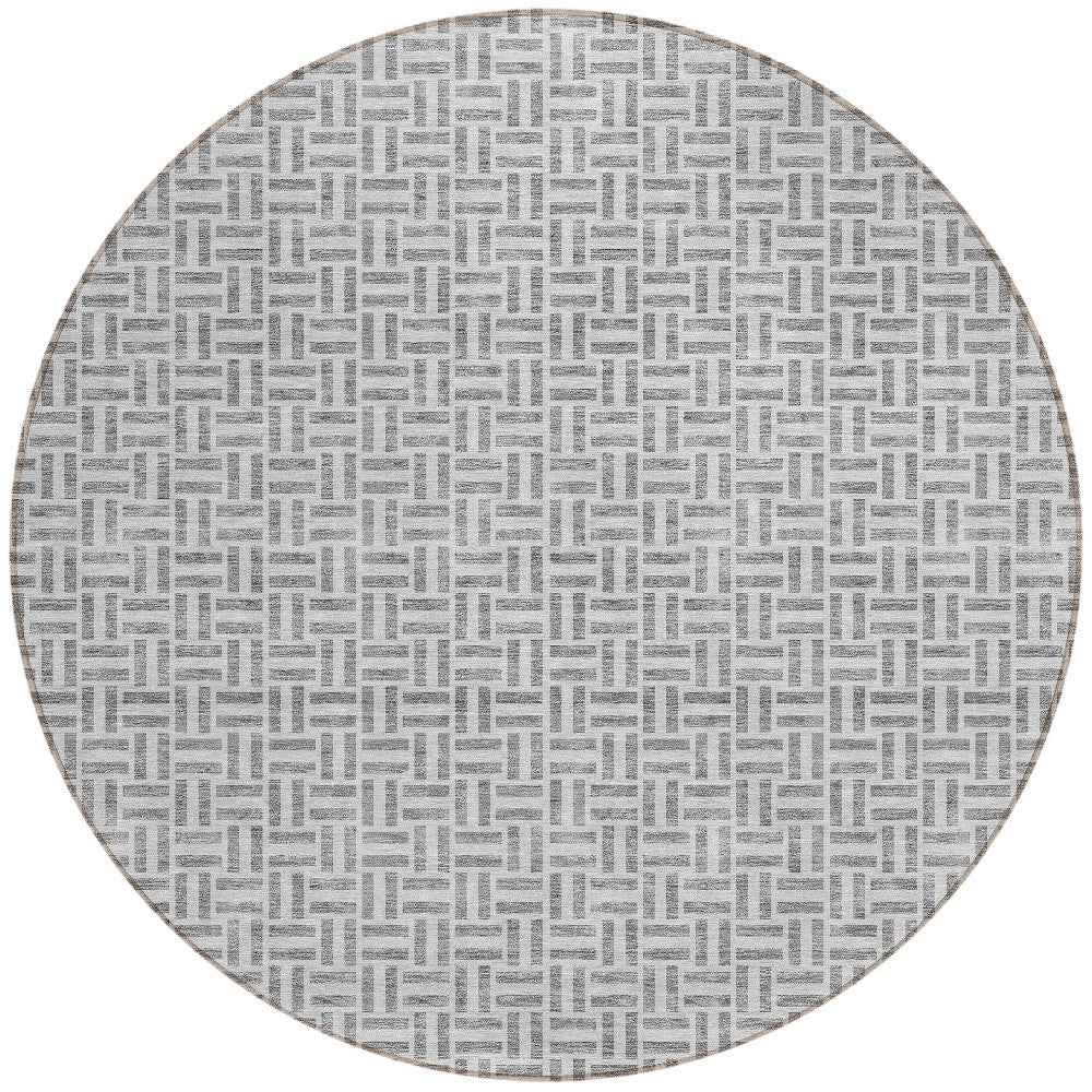 8' Gray And Silver Round Geometric Washable Indoor Outdoor Area Rug