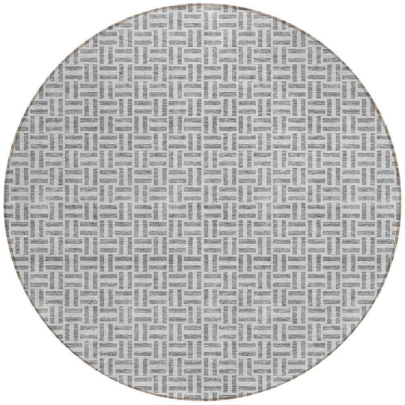 8' Gray And Silver Round Geometric Washable Indoor Outdoor Area Rug