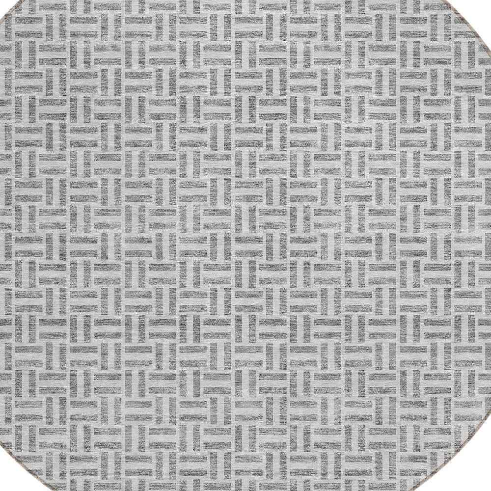8' Gray And Silver Round Geometric Washable Indoor Outdoor Area Rug
