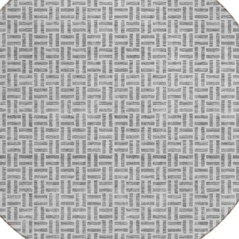 8' Gray And Silver Round Geometric Washable Indoor Outdoor Area Rug
